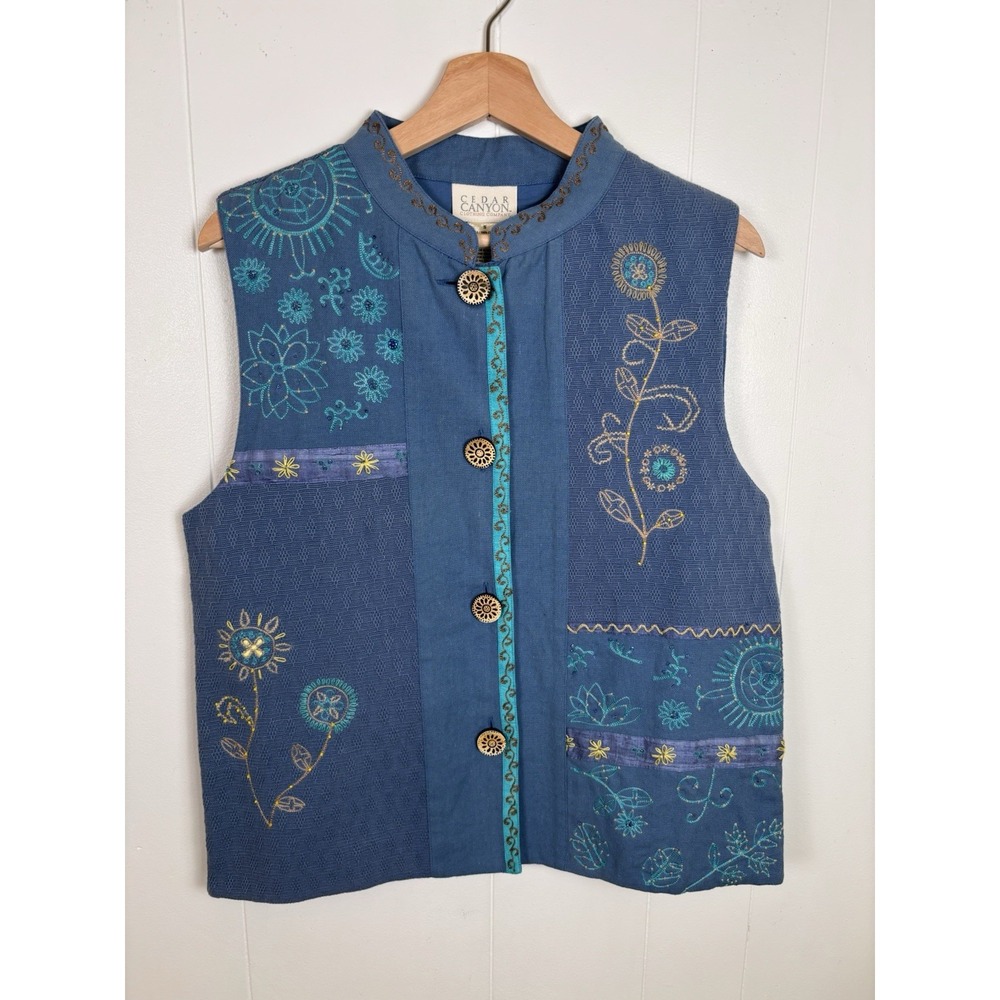 Tapestry Vest Womens Small Blue Embroidered Beaded Cotton‎ Boho CEDAR CANYON